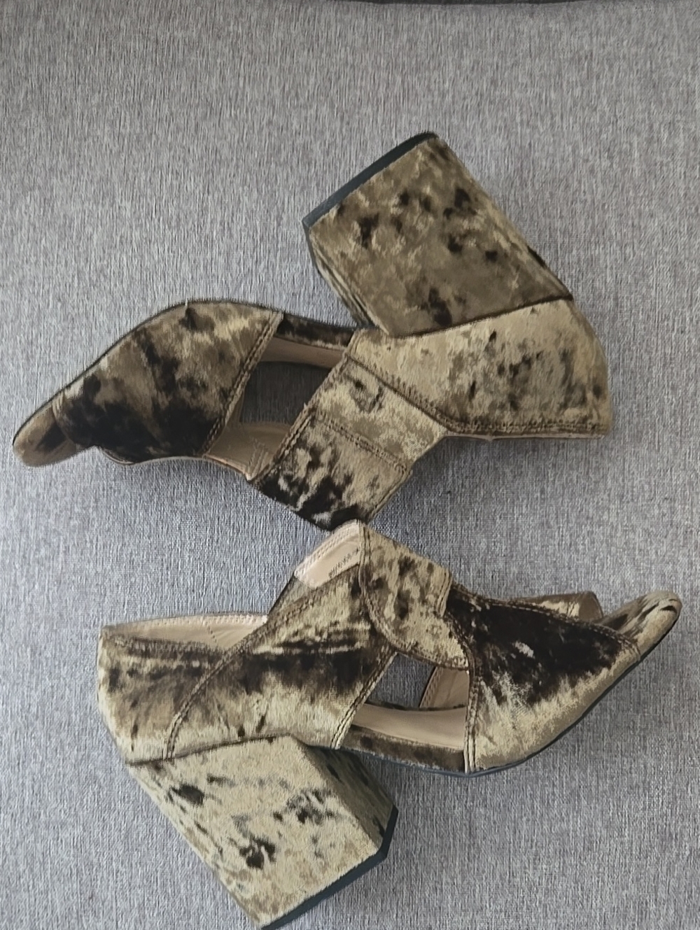 CAbi Olive Velvet Crossover Strap Chunky Heels